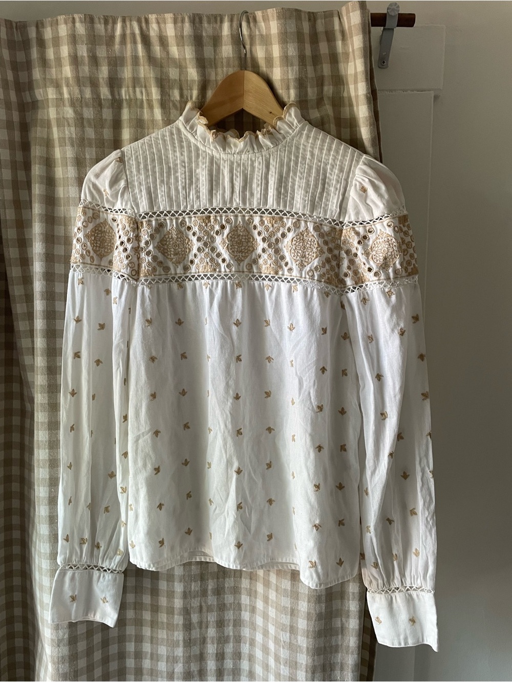 Sezane White Blouse with Tan Embroidery